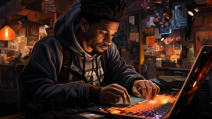 Man using a laptop in a dimly lit room