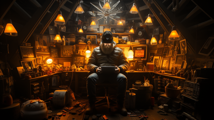 Man sitting in a room with lots of dim lights and paintings