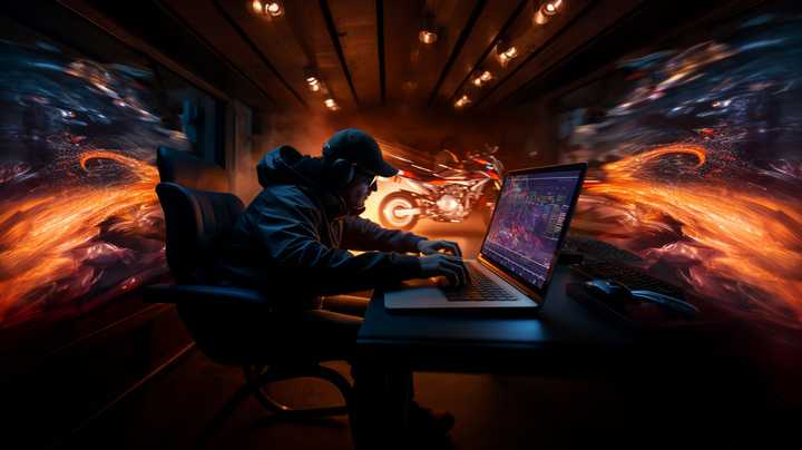 AI generated image of a man sitting behind a computer with lots of fast moving particles
